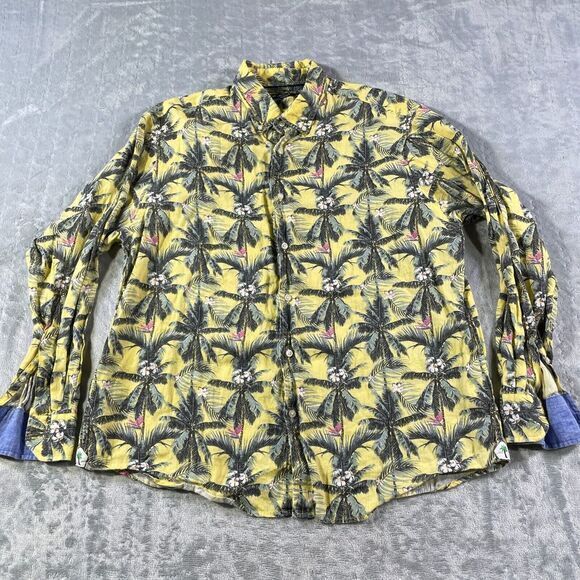 Cremieux Shirt Mens Size XL Yellow 100% Linen Tropical Floral Resort Flip Cuff - Picture 1 of 10